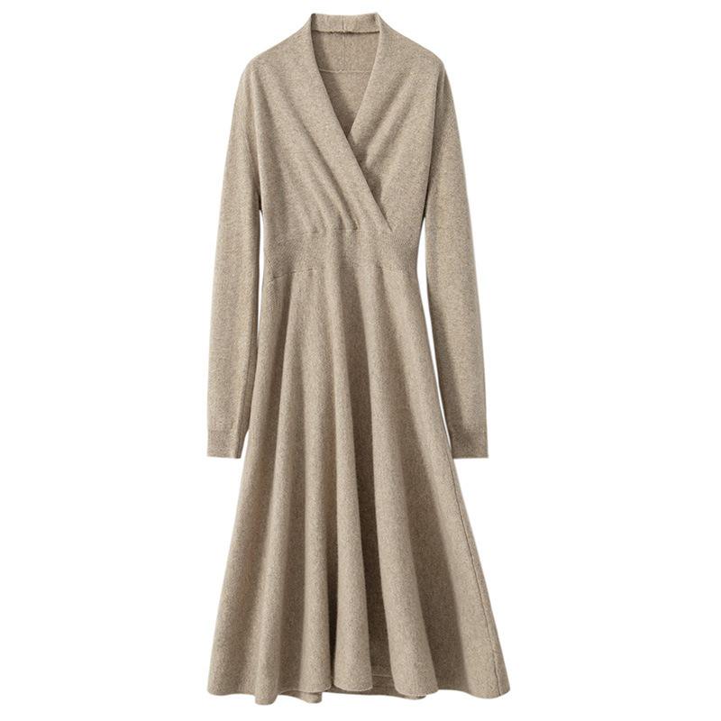 Autumn/Winter Cashmere Cross-Collar Long Knit Dress - Slim-Fit Skirt for Elegant and Commuting Style