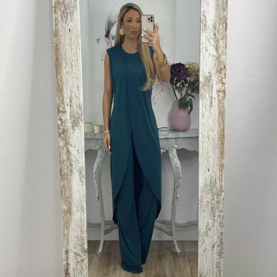 2 Pcs/Set Women Top Pants Set Irregular Hem Wide Leg Solid Color