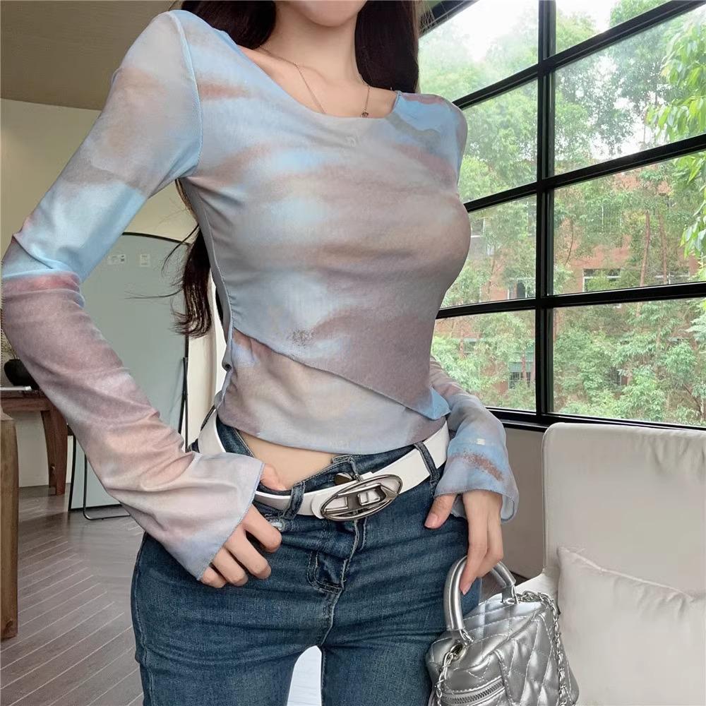 Damen Batik Unregelmäßiges Slim-Fit Langarm Crop Top