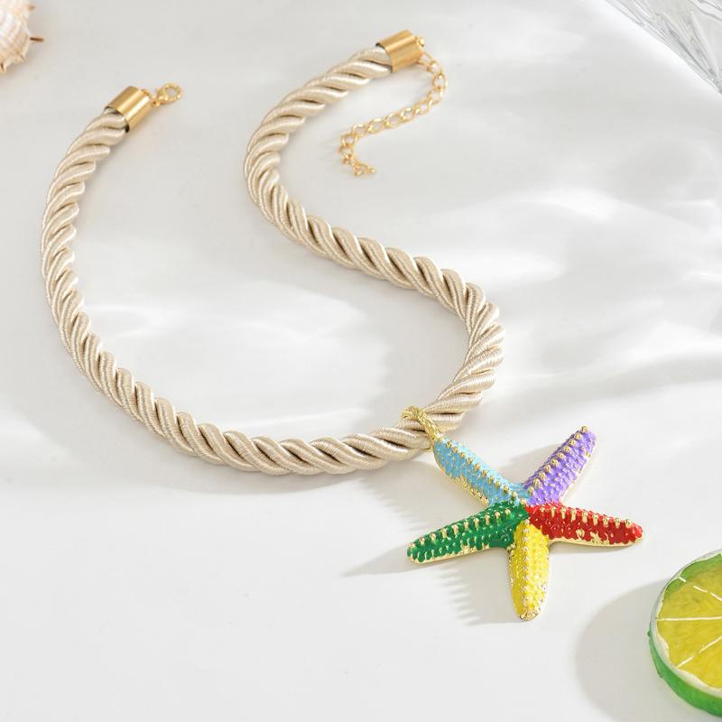 Boho Colorful Metal Oil Drop Big Starfish Pendant Rope Chains Necklace For Women Summer  Jewelry Set Gifts