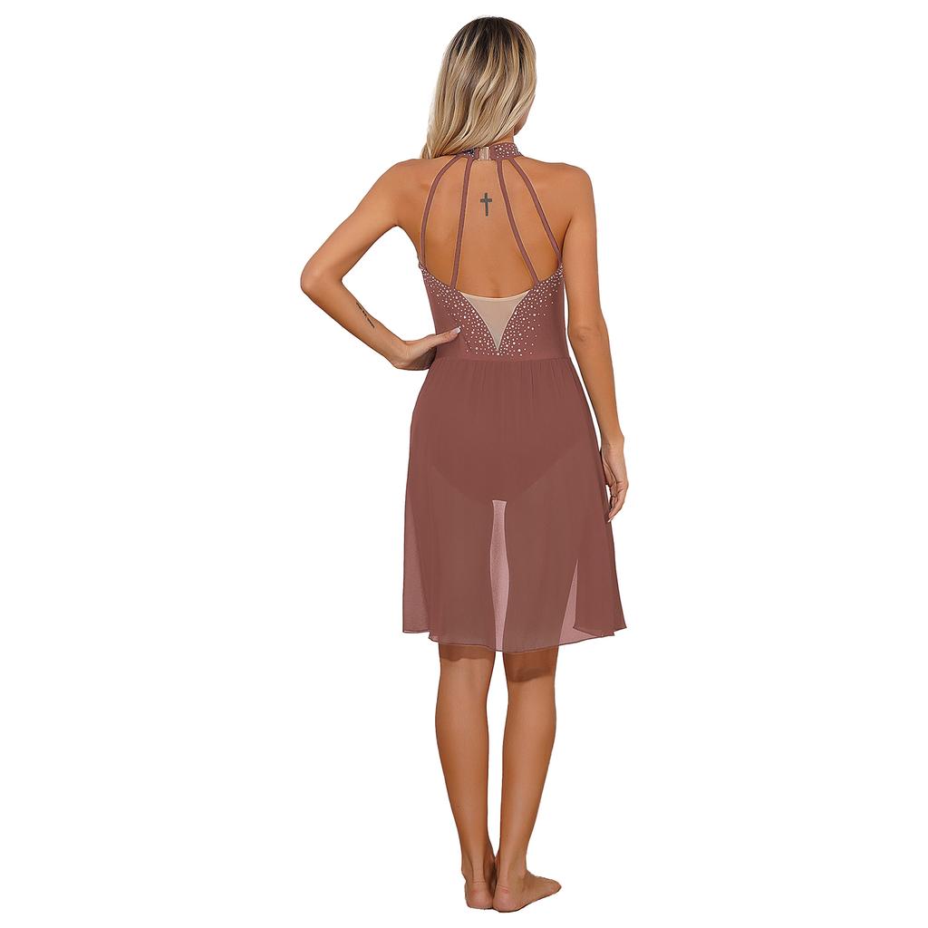 Womens Lyrical Dance Dress Sparkle Rhinestone Backless Sheer Mesh Patchwork Mock Neck Leotard