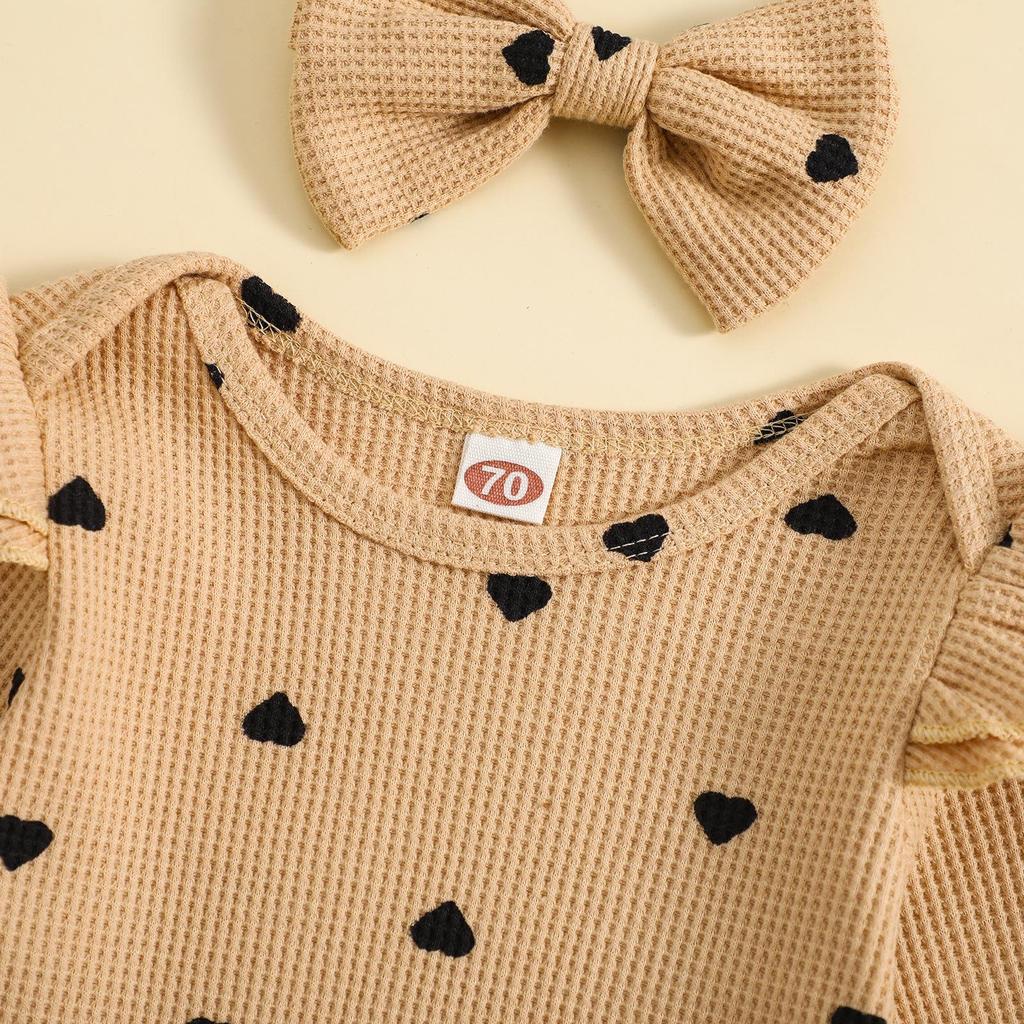 Girls' Heart Print Waffle Romper Set: Long Sleeve Romper, Long Pants & Headband.
