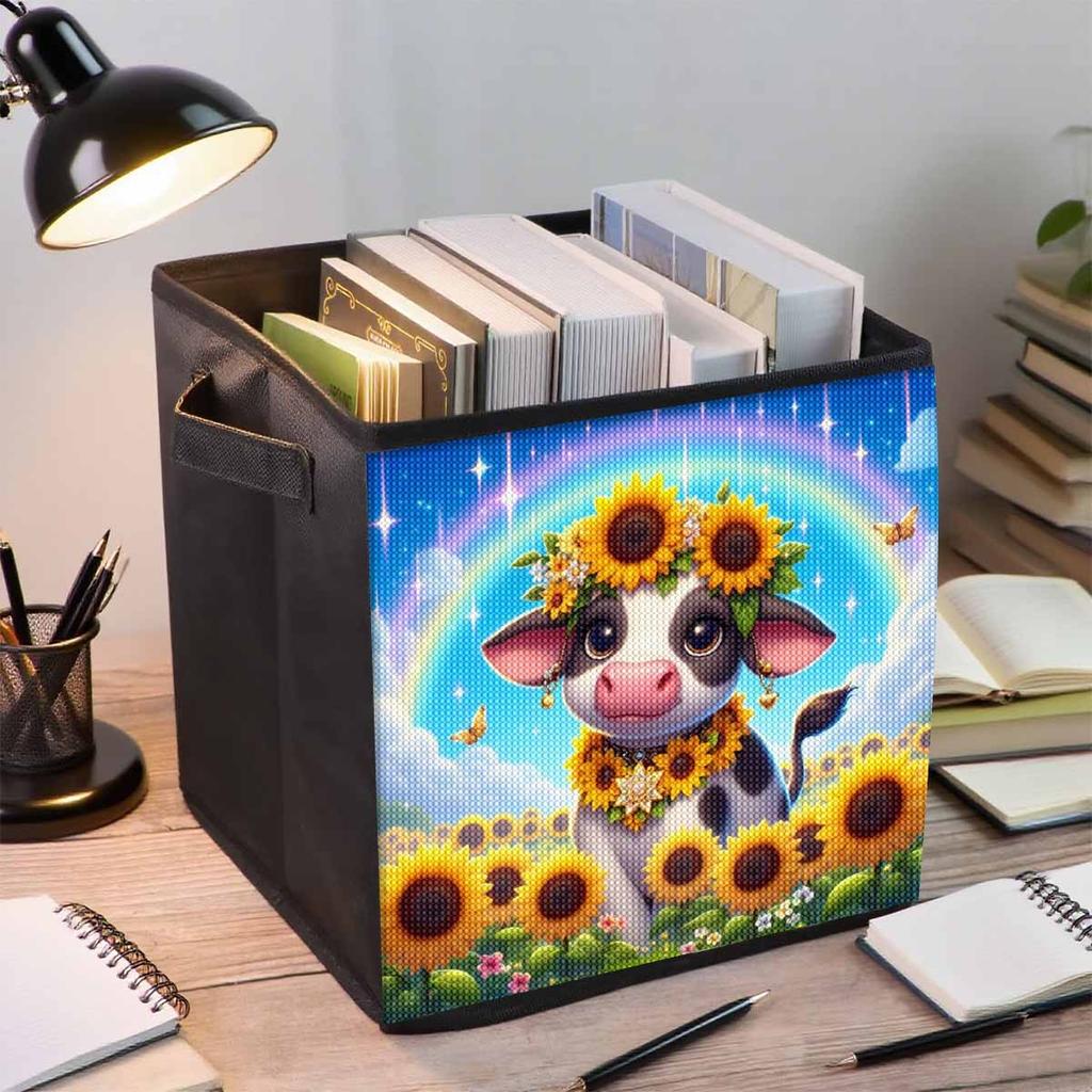 Sonnenblumen und Kühe 5D Diamantmalerei Aufbewahrungskorb Vollrunde Bohrer Mosaik Diamantstickerei Kreuzstich-Kits Heimdekoration Heimdekoration