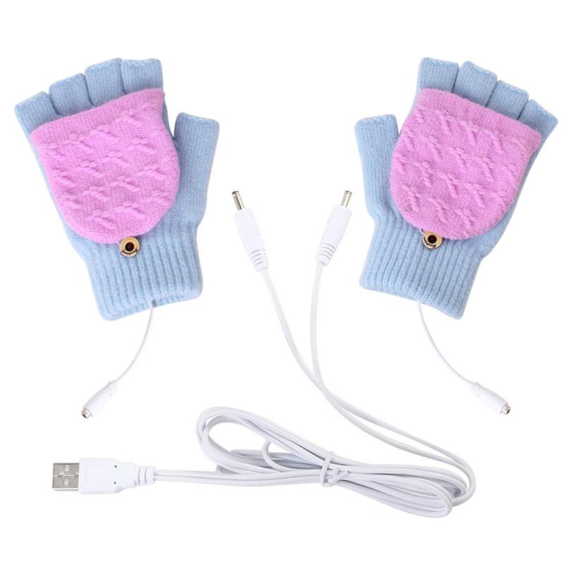 Women USB Heated Gloves Mitten Winter Warm Laptop Gloves Full And Halfs Hands Heated Fingerless Heating Knitting Guantes Mujer