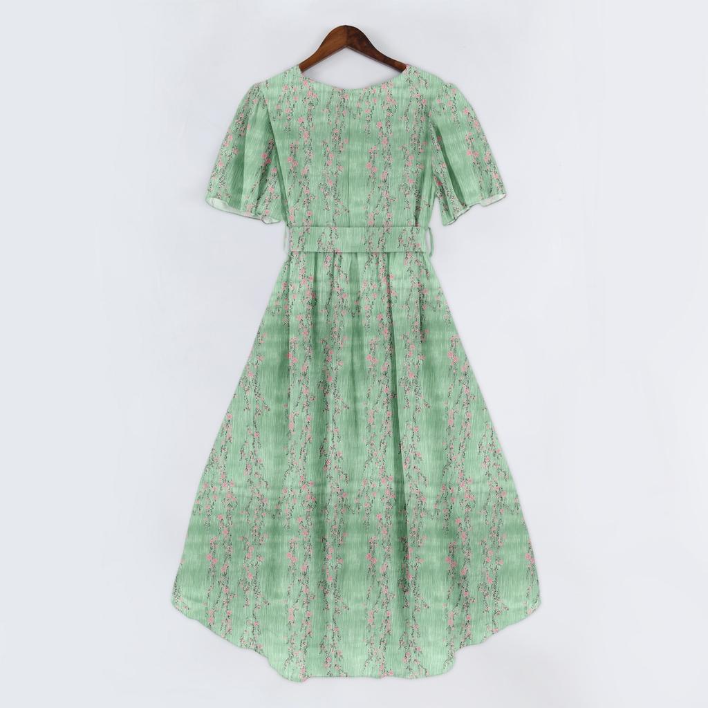Women's Fashion Casual V Neck Short Sleeve Ruffled Vintage Printed Dresses