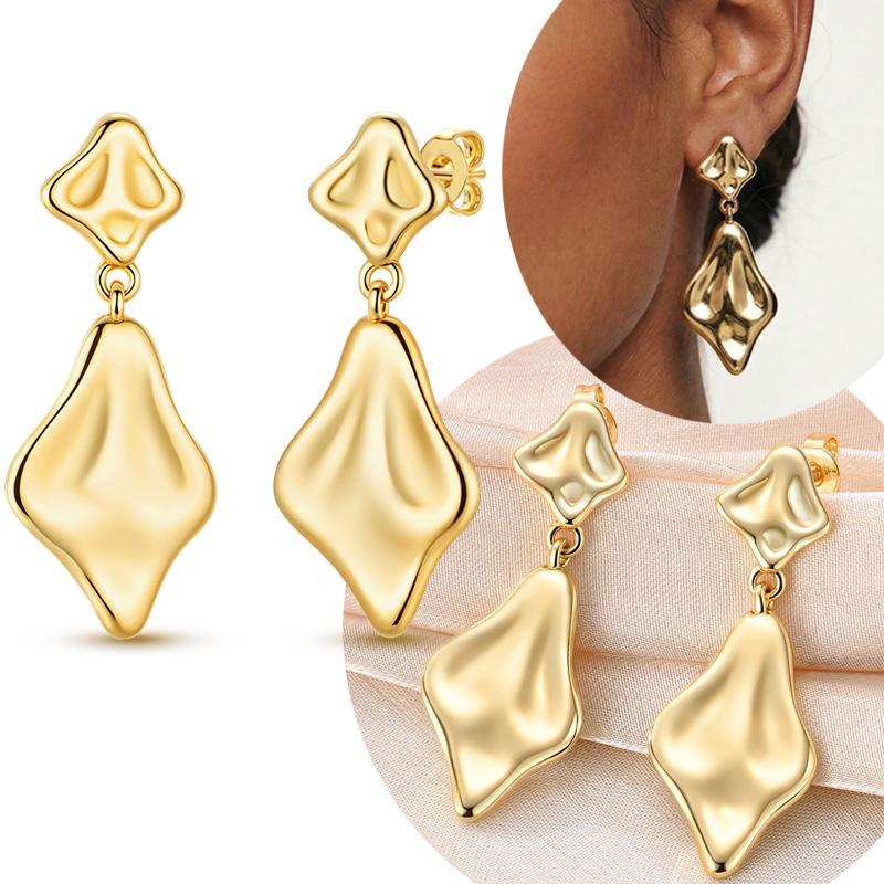 Original 925 Sterling Silver Golden Irregular Rhombus Pendant Stud Earrings For Women OL Style Jewelry Gift