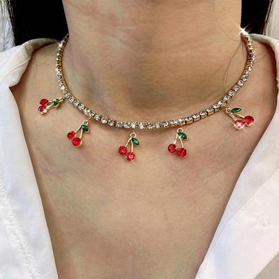 Red Cherry Rhinestone Jewelry Set: Necklace, Choker, Anklet, Earrings