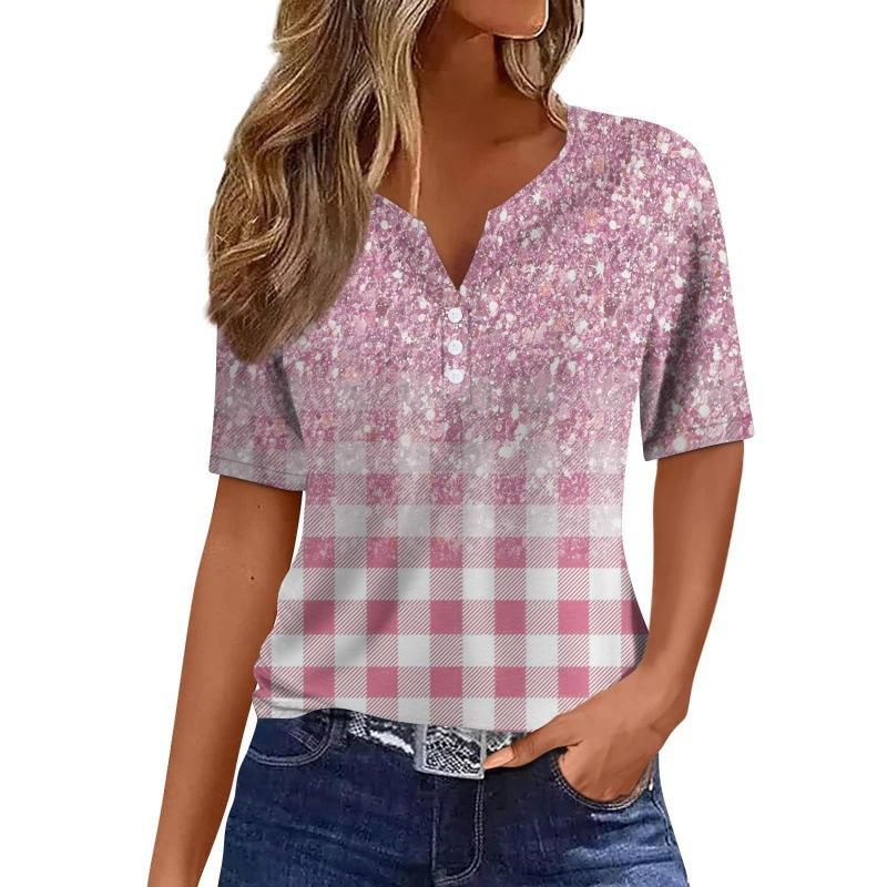 Print Short Sleeve European Style Women Clothing T-Shirt V-Neck