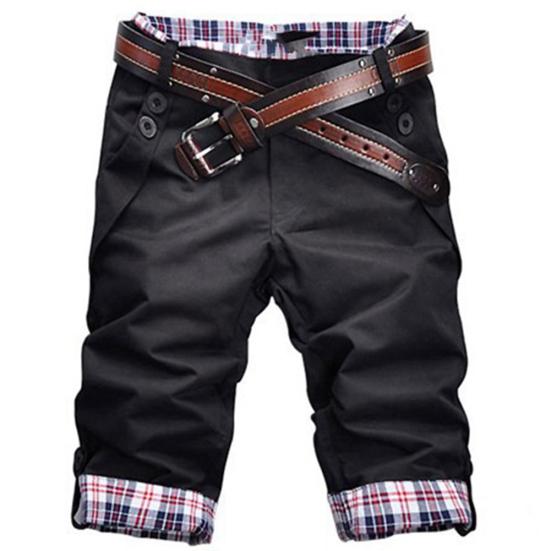 Summer Beach Casual Men Plaid Patchwork Turn Up Cuff Shorts Fifth Pants Trousers