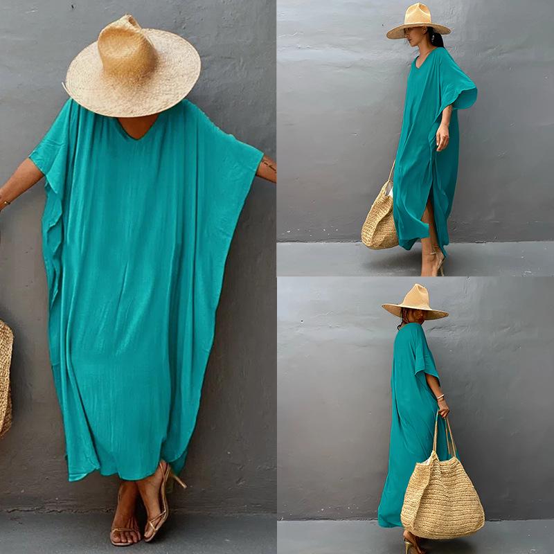 

Европейский и американский хлопковый длинный халат, пляжная накидка: Однотонное купальное платье с защитой от солнца One Size