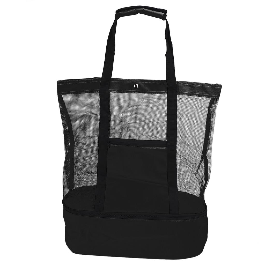 Insulated Beach Mesh Bag Large Capacity Beach Shoulder Bag with Detachable Cooler for Picnic Camping Travel Black
