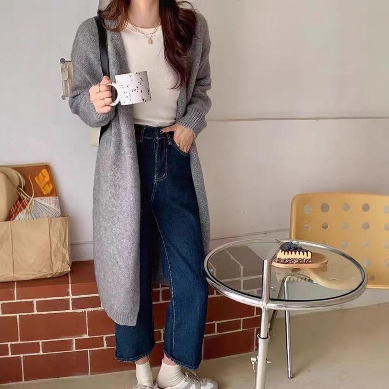 New simple temperament v-neck medium and long knitted jacket for women's versatile casual cardigan top for women