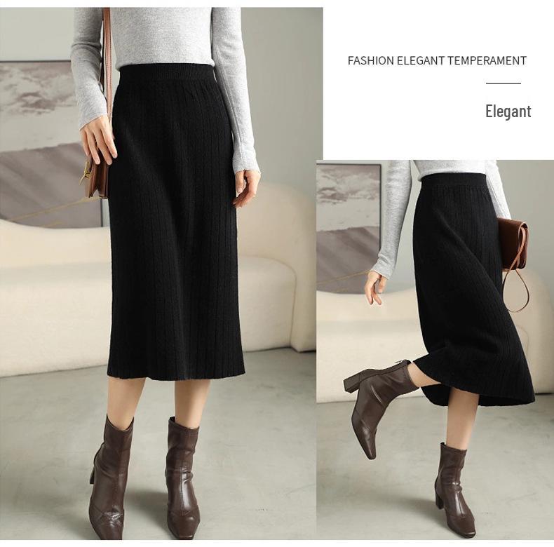 Women's Slim Fit Vertical Stripe Wool Midi Skirt - Versatile Cashmere Knit