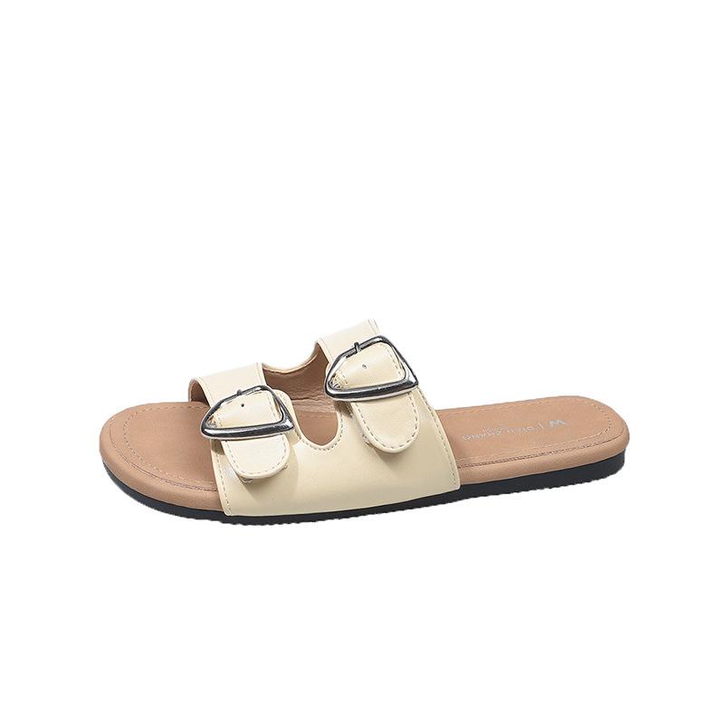 Romantic Vacation Style~! Seaside French Lazy Ins Summer Leather Cool Slippers Women's Breathable Soft Bottom One-word Slippers