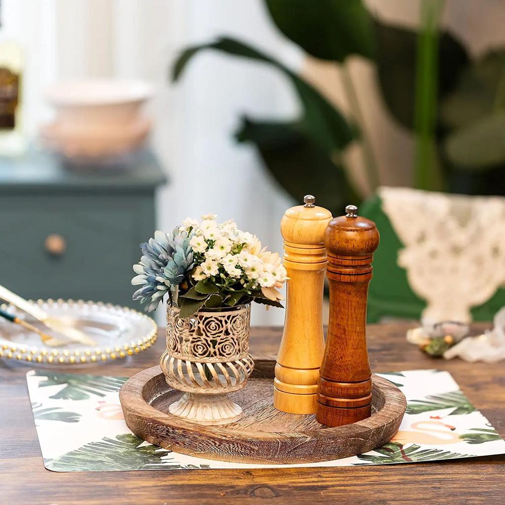 Rustic Round Wooden Serving Tray - Perfect for Kitchen Countertops, Home Decor & Coffee Table Centerpieces