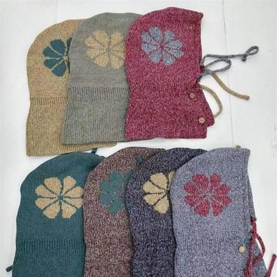Gestrickte Warme Wollmütze Damen Winter Blume Kordelzug Sturmhaube Ohrenmütze