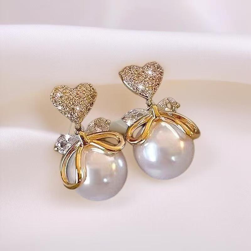 Elegant Heart-Shaped Pearl & Diamond Bow Knot Drop Earrings - Versatile Luxury Jewelry for Women