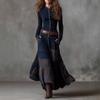 Navy Blue Long Sleeve Top and Plaid Hem Skirt Set with Belt