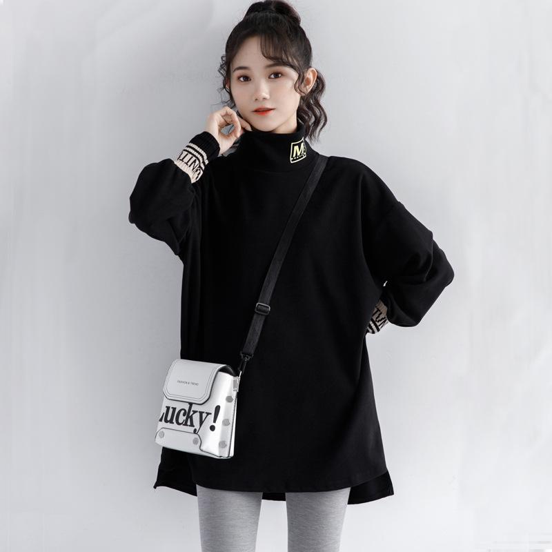 

Women s Plus Size Black Brushed Fleece Long-Sleeve T-Shirt with Half-High Collar, Butt-Covering Inner Layer 3XL