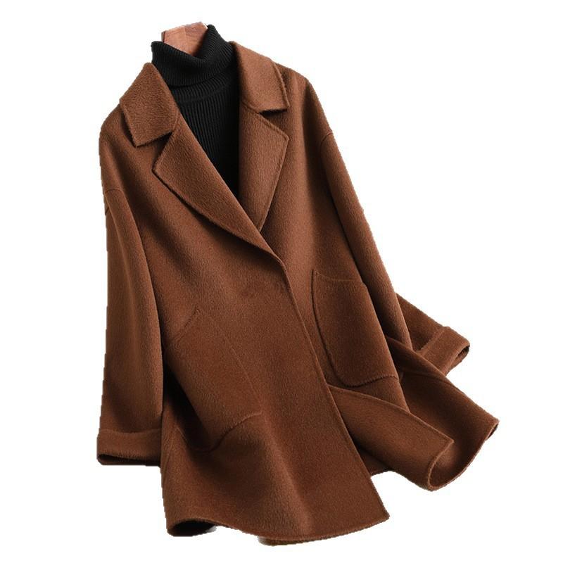 Womens Mid-Length Wool Coat 95% Pure V-Neck Slim Fit Winter Outerwear