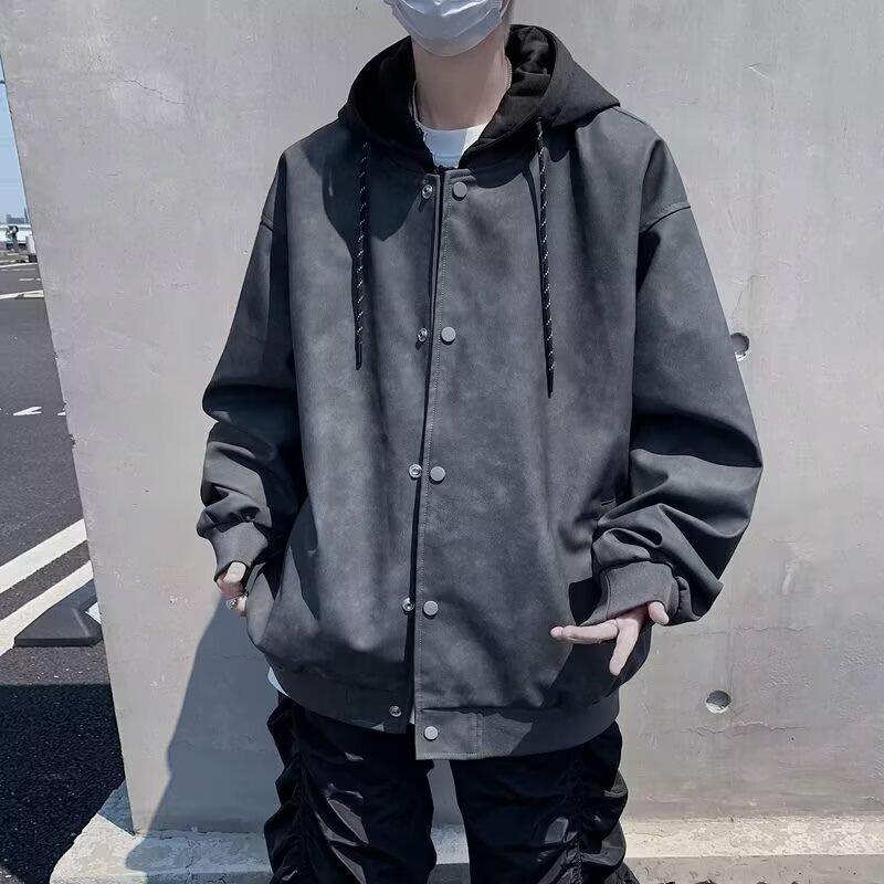 

Men s Retro Tie-Dye Faux Two-Piece Hooded Leather Jacket - Cool Autumn/Winter Motorcycle Style for Teens M темно-сірий