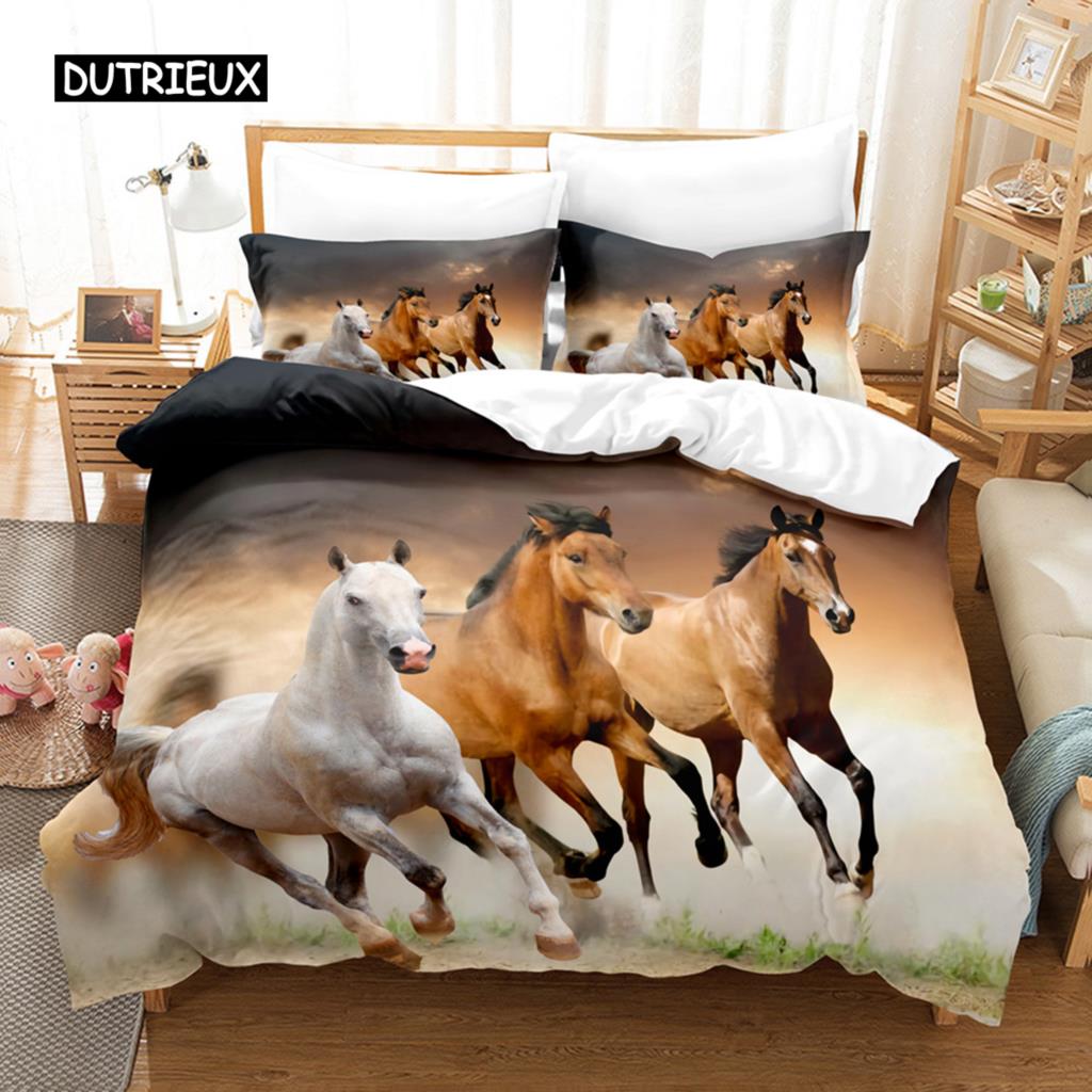 Horse Duvet Cover Set White Brown Horse Print Bedding Wild Animal Pattern Farmhouse Cowboys Queen Polyester Quilt Cover EU single(135x200cm)