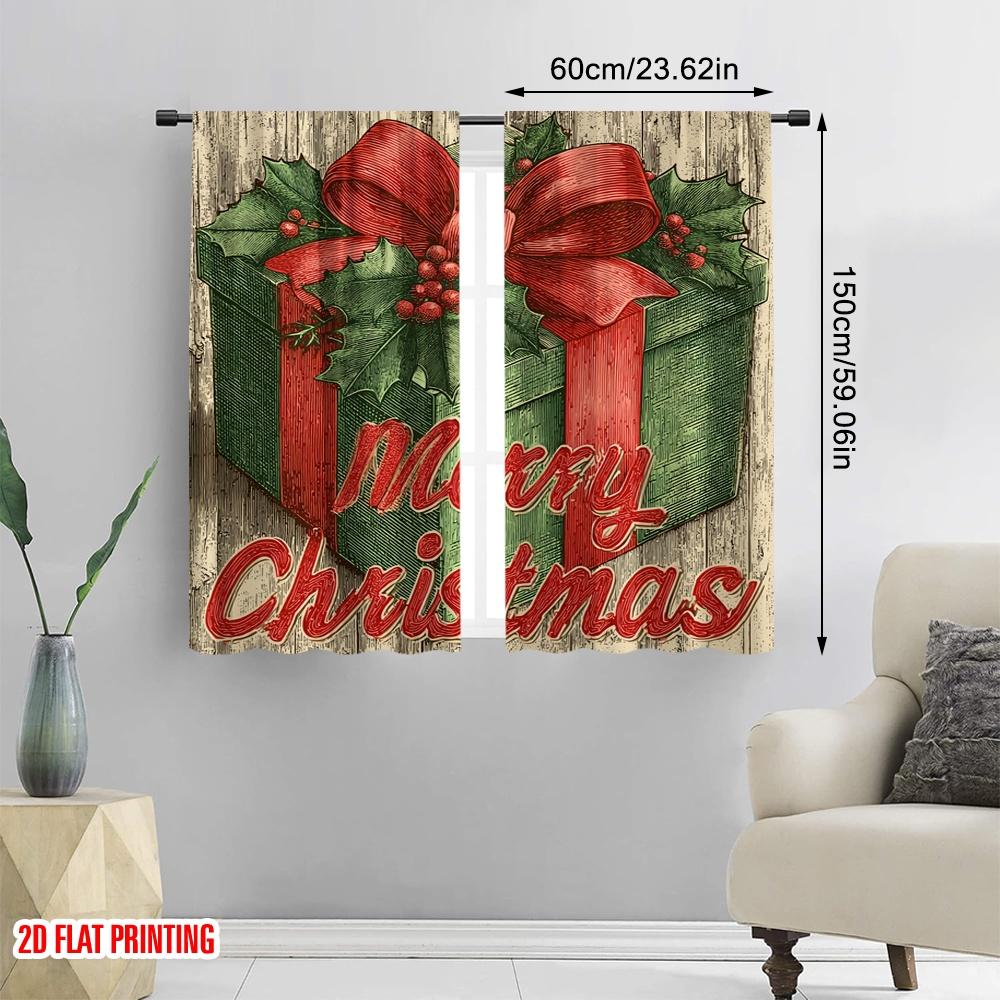 2pcs,2D Plane Printing Print Curtains Holly Berries & Gift Box Versatile Durable Polyester (without Rod) Festive Use for Living