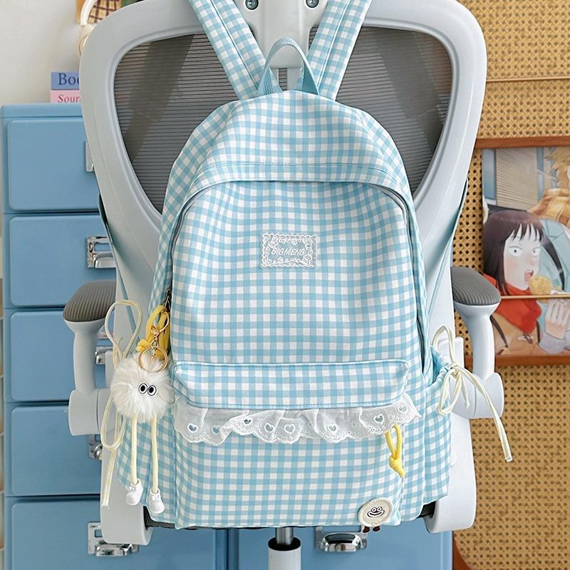 Schoolbag Korean fresh plaid corrugated backpack girl heart lace small schoolbag girls junior high school students female commuter bag