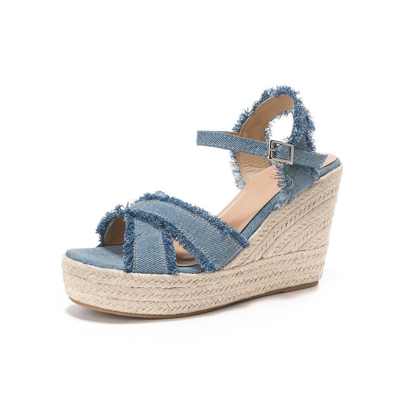 French Denim Wedge Sandals, Women'S Vacation Style, Straw Woven Thick-Soled 2025 Summer New Cross-Strap Roman Shoes