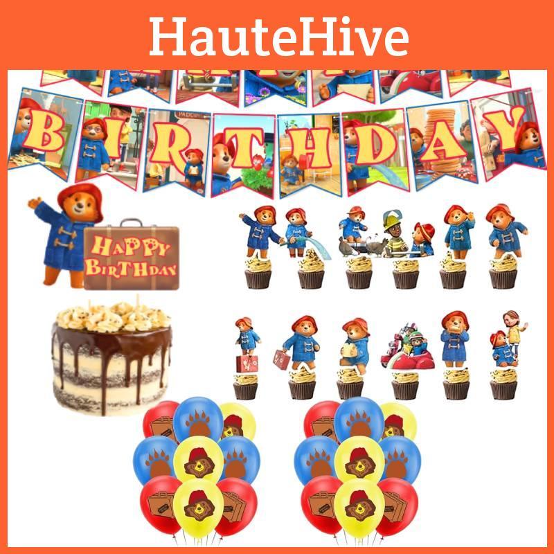 Party Bear Birthday Decor Set Banner Cake Toppers Balloons Pull Flag