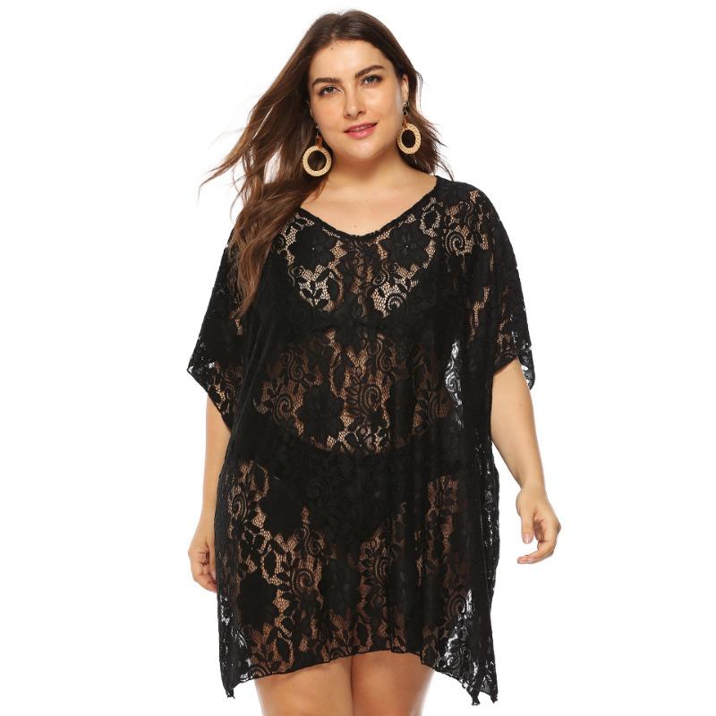 

Women Plus Size Cover Ups Sexy Lace Openwork Sheer V-Neck Slit Beach Dresses Swimwear Cover-Ups XL чёрный