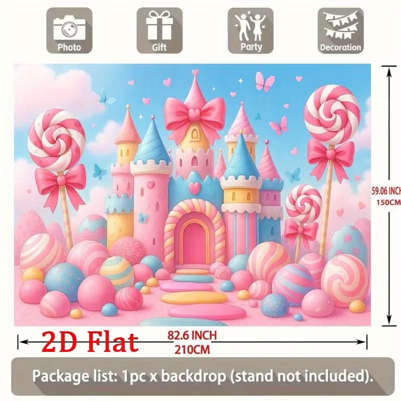2D Pastel Candy Castle Backdrop, Princess Birthday Lollipop Background