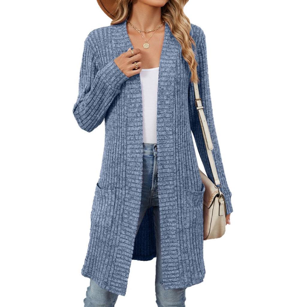 Women's Fall Winter Long Knit Cardigan Coat, Oversized Open Front Solid Color Sweater with Pockets, Cozy Long Sleeve Casual Outerwear