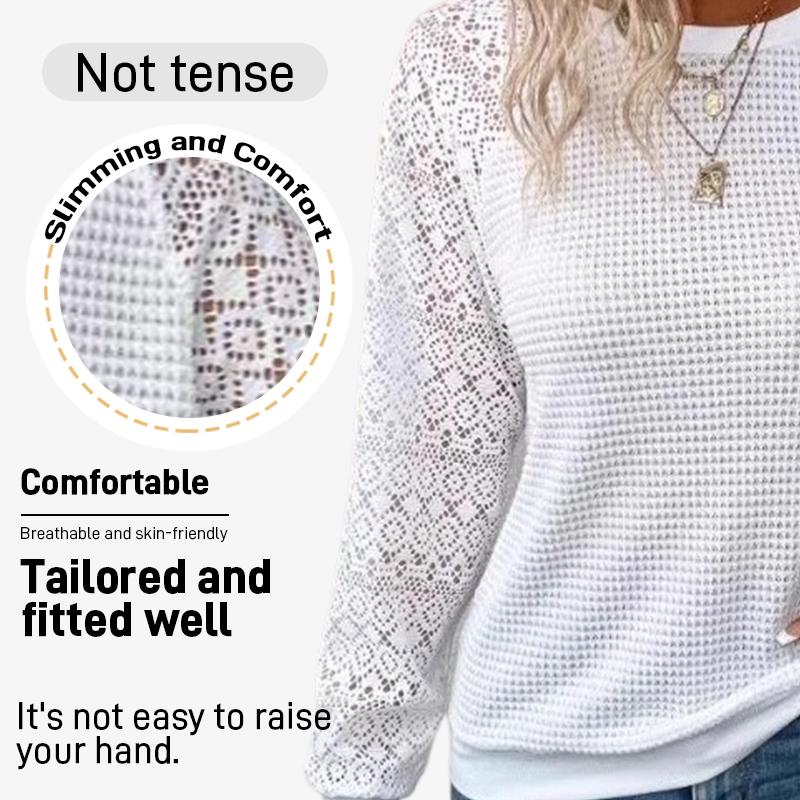 Women's Lace Top Crew Neck Long Sleeve Openwork Slim Fit Casual Blouse