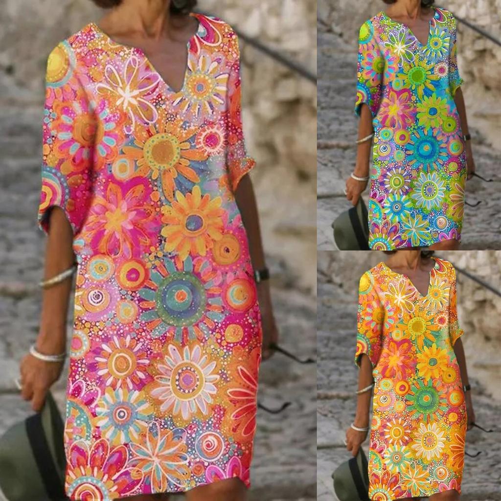 Women's Casual Fashion V-neck Personality Print Loose Mid-sleeve Dress