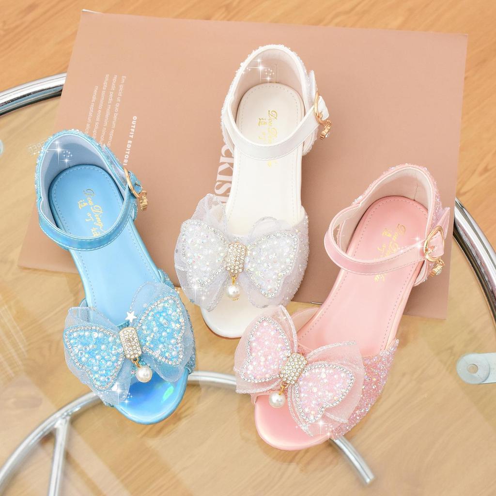 Girls' High-Heeled Crystal Sandals with Rhinestone Bow - Soft Sole Princess Shoes for 2026 Summer Performances