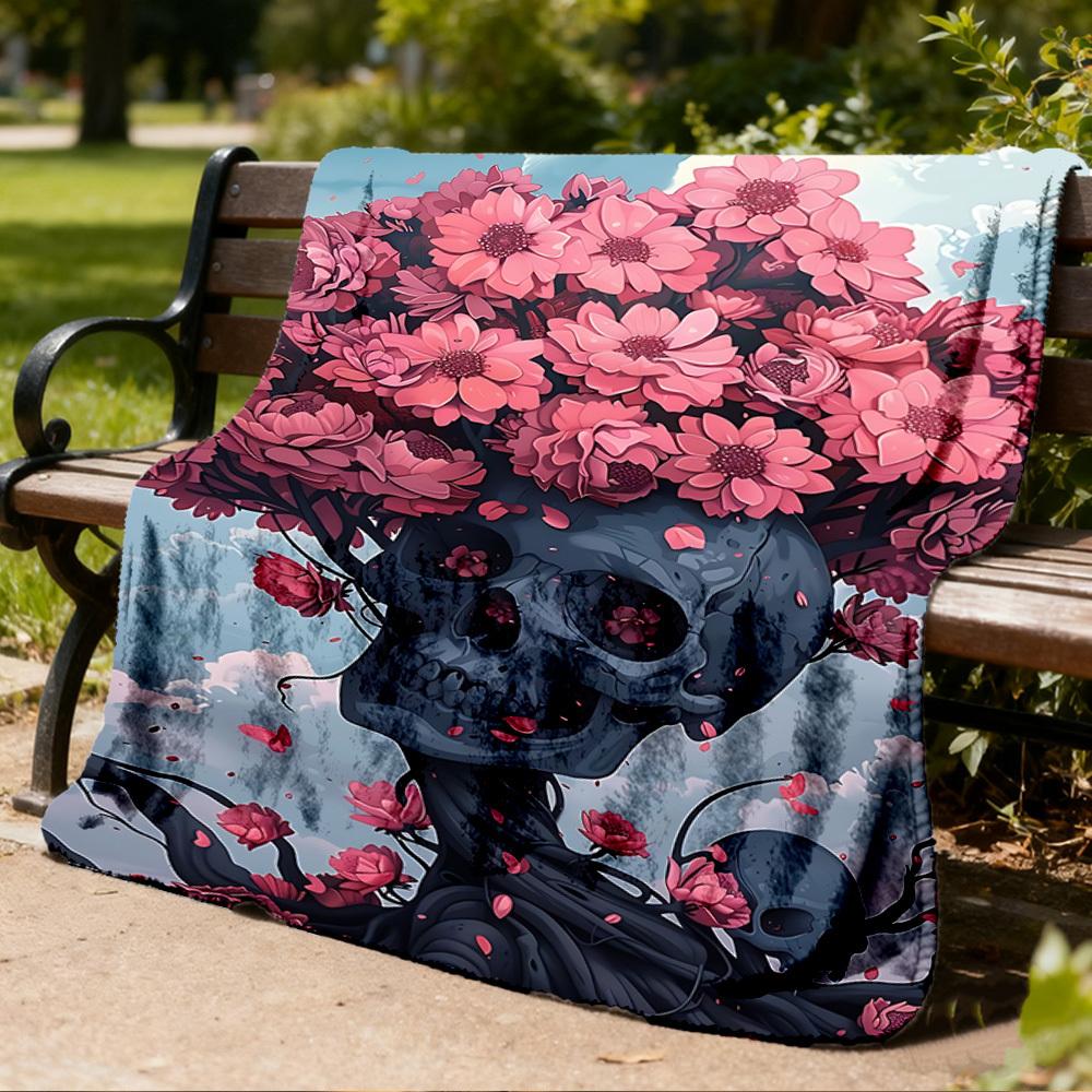 1pc Floral Skull Artwork Print Outdoor Blanket, Lightweight Polyester,