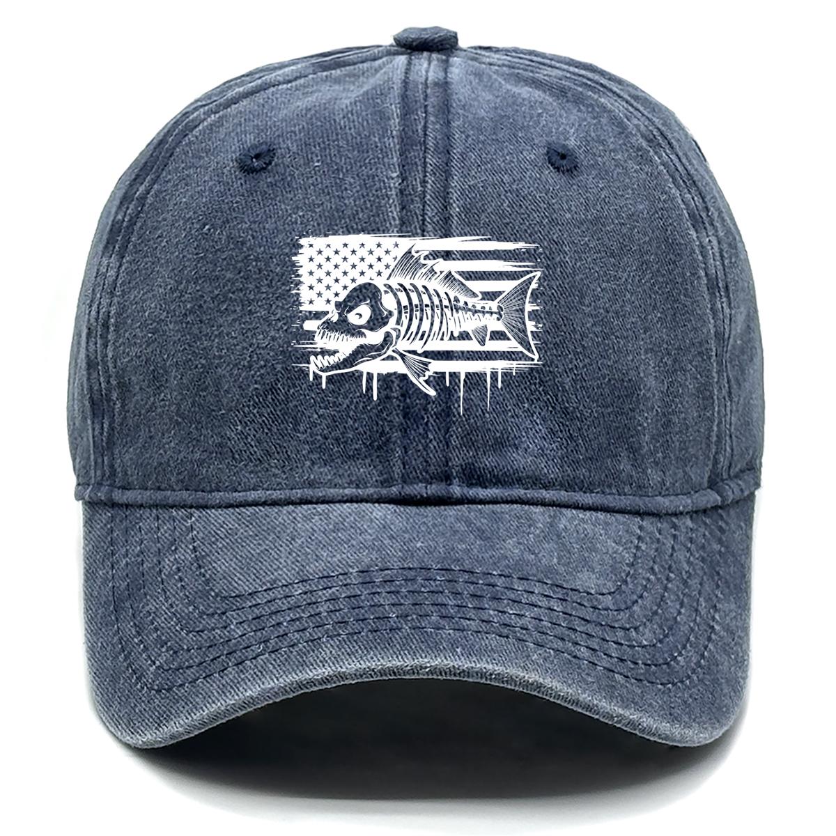 

White American Flag Fish Skeleton Print Adjustable Baseball Cap, Patriotic Flat Cap Leisure Sunshade Inelastic Sun Visor Snapback Baseball Hat as the picture темно-синий