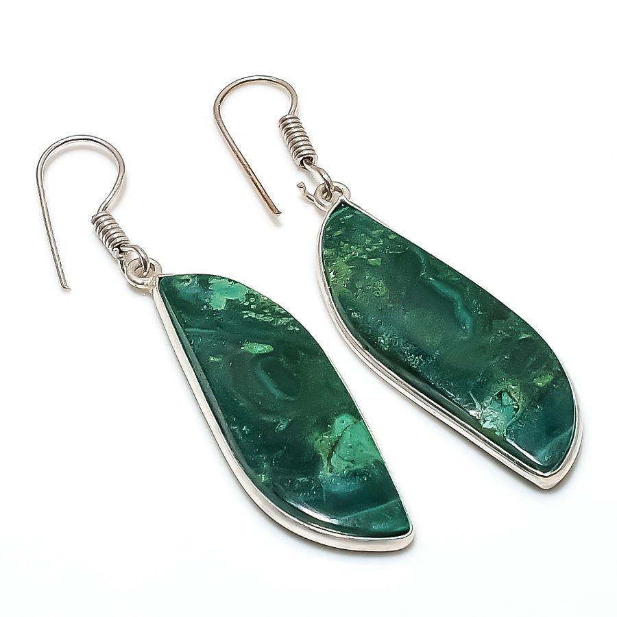Natural Chrysocolla Malachite Gemstone 925 Sterling Silver Jewelry Earring 2.17" AE-13587