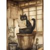 Canvas  Japanese Black Cat Bathing Moon Lucky Cartoon Illustration Retro Poster Wall Art Pictures Home Decor Wall Decor