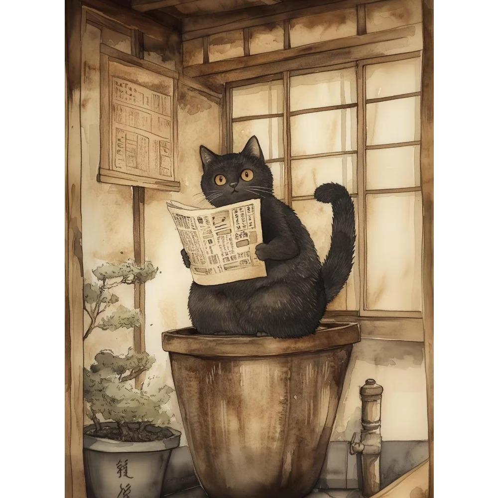 Canvas  Japanese Black Cat Bathing Moon Lucky Cartoon Illustration Retro Poster Wall Art Pictures Home Decor Wall Decor