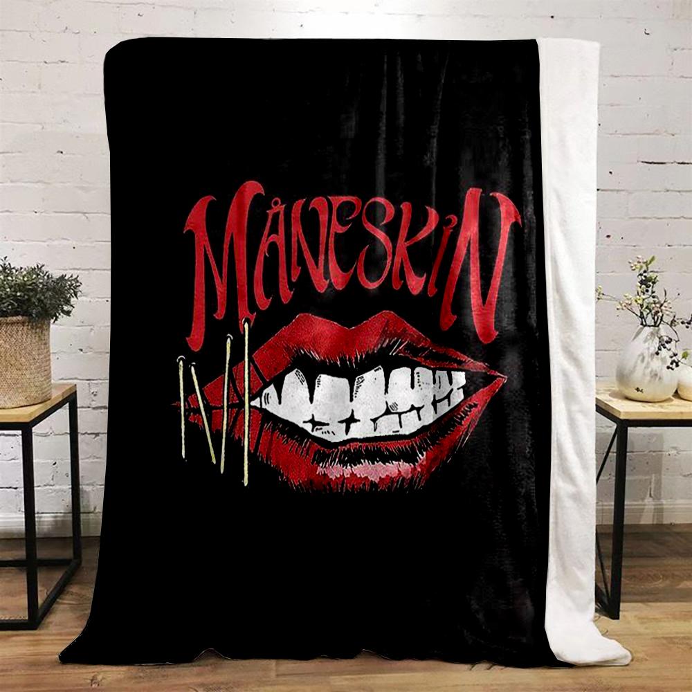 Red Lips Bite with Måneskin Logo Printed Flannel Blanket for Bedroom, Living Room, Sofa, and Nap