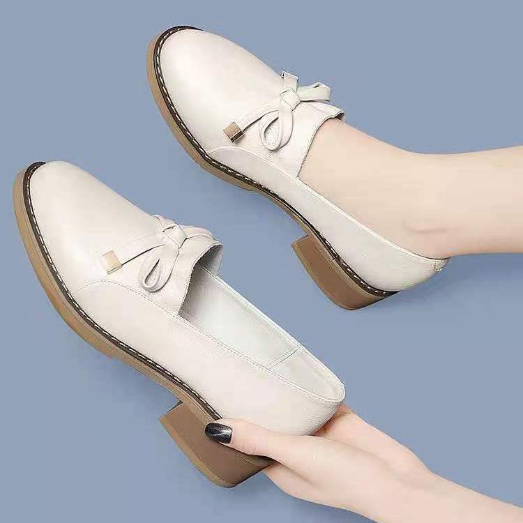 Women's Shoes Round Toe with Bow Leather Casual Medium Heels Ladies Pumps Vacation Stylish Footwear on Offer Chic Point Discount