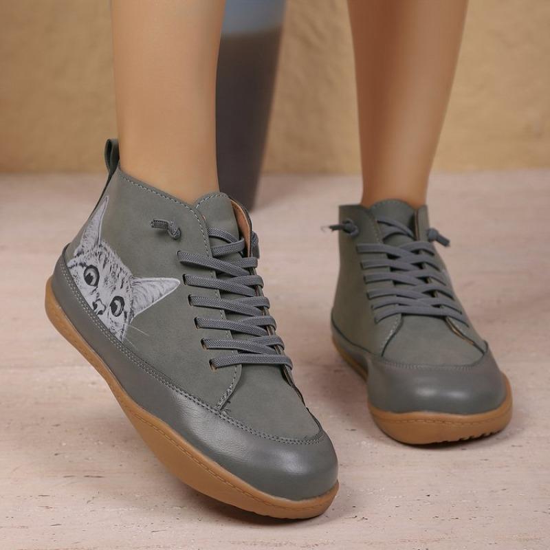 Botas Femininas Plus Size Estampa de Gato Cano Curto Salto Baixo Cadarço Moda Confortáveis Todas as Estações Primavera Outono