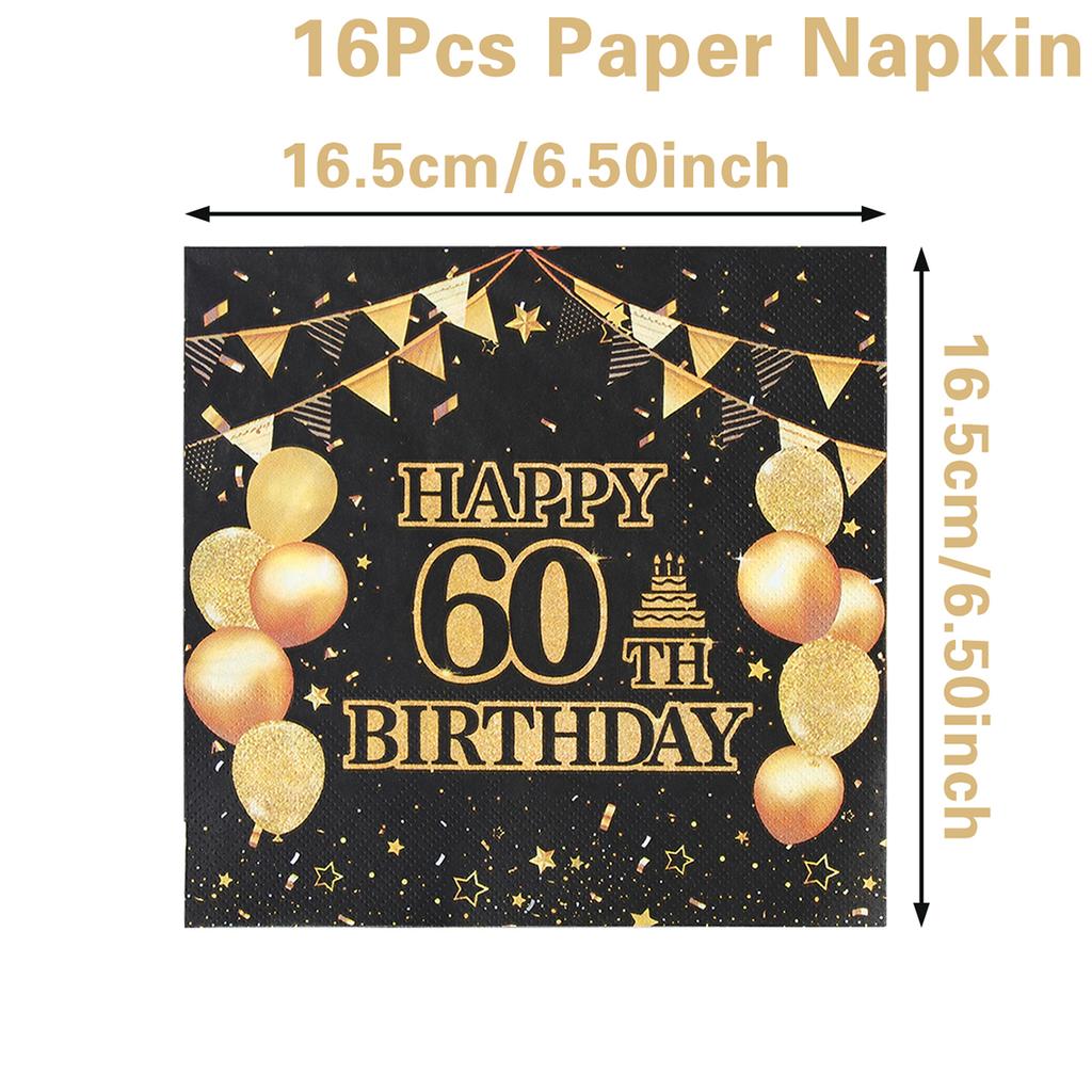 60th Black Gold Birthday Disposable Tableware Happy 60th Birthday Party Decoration Adult Favors Gift Dinnerware Banquet Supplies