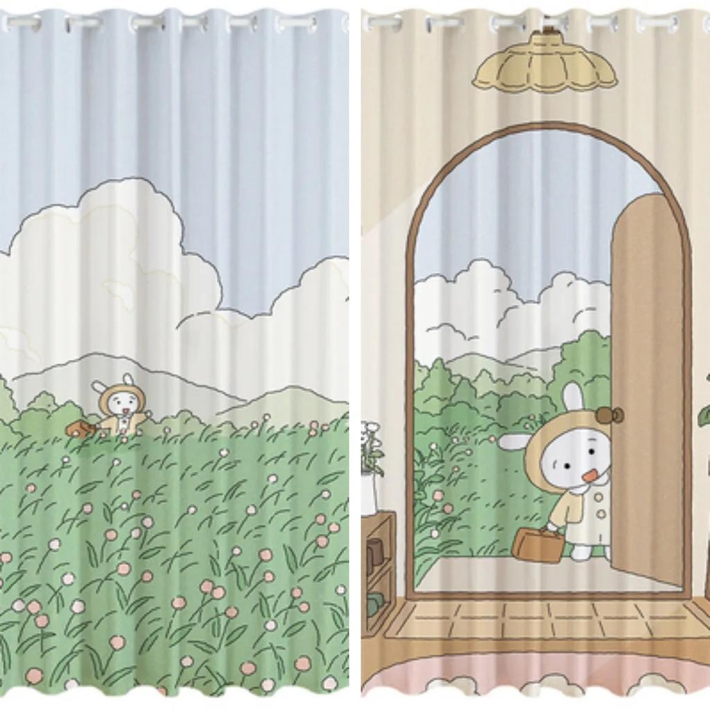 New Cartoon Cute Curtain High Shading Girls Dormitory Children's Room Bedroom Blackout Drape Window Pastoral Style Pattern New