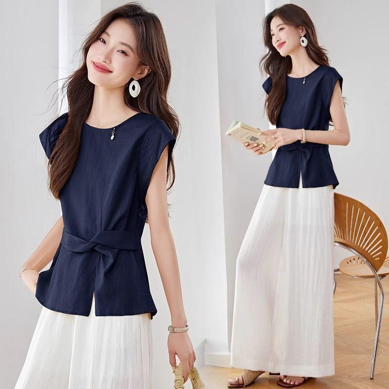 Summer Fashion Style Slimming Cotton Suit Set for Women - Sleeveless Top with Loose Wide-leg Pants Two-piece Set for Women