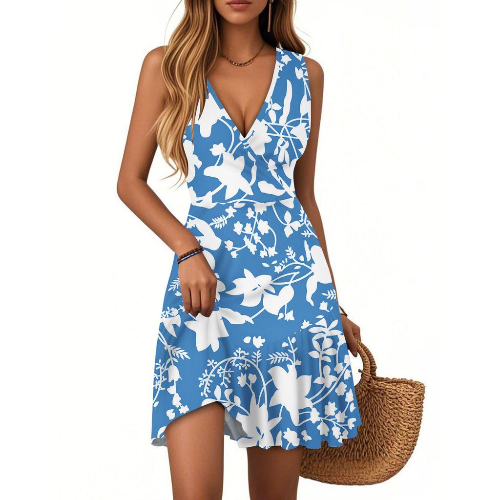Women's Dress V-neck Sleeveless Casual Floral Print Hem Pleated Dress