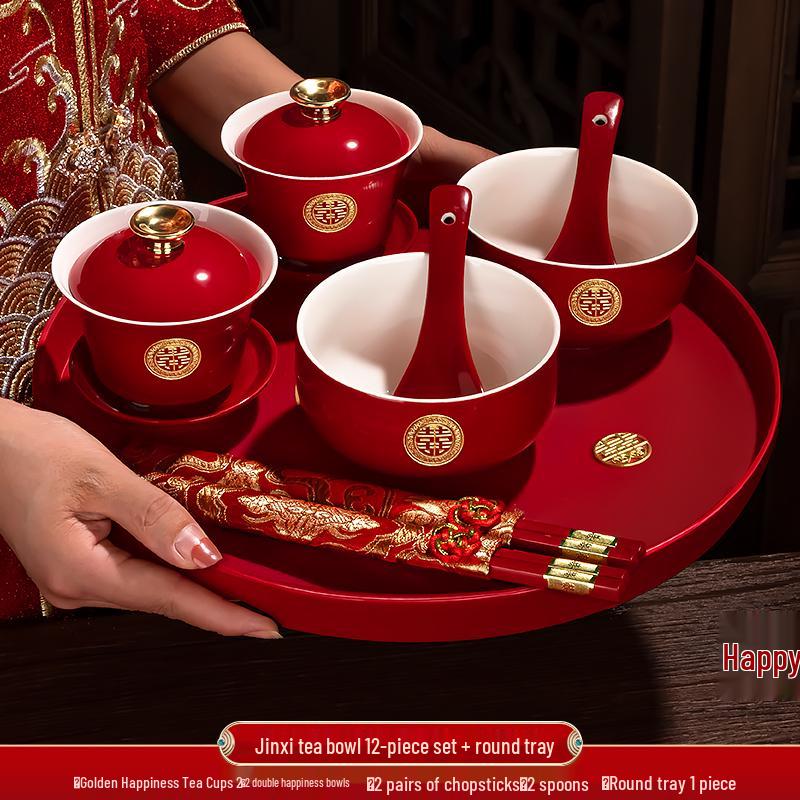 Festive Red Wedding Tea Set: Lidded Bowls, Tea Cups, and Chopsticks