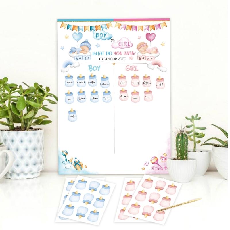 Gender Reveal Game for Baby Shower with Poster 36pcs Girl or Boy Voting Stickers for Gender Reveal Use Party Supplies